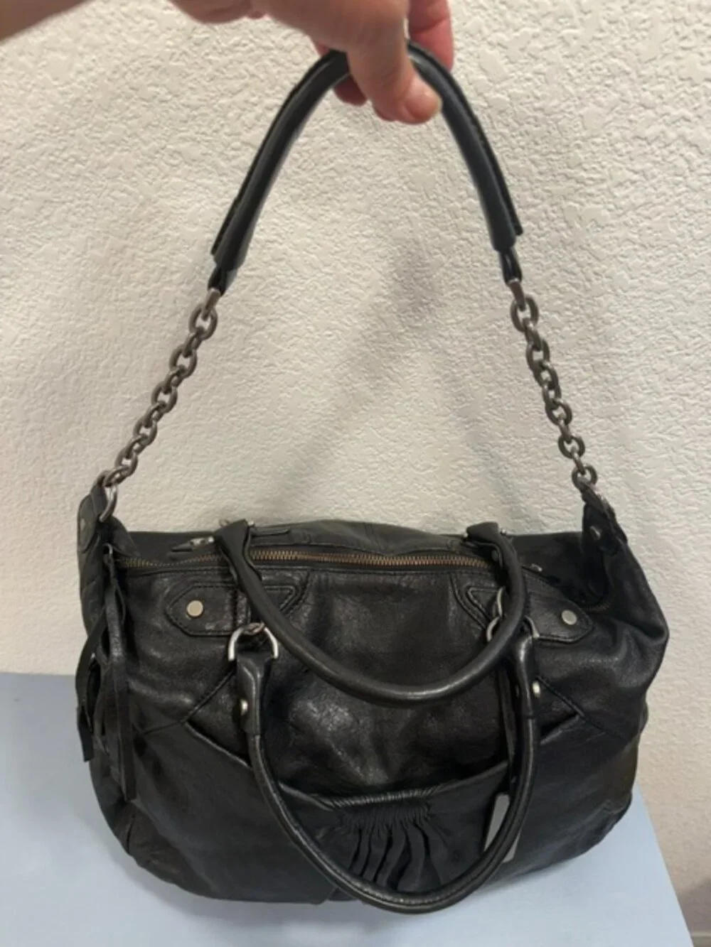 Botkier No. 13 NY Black Leather Chain Satchel Shoulder Bag Y2K